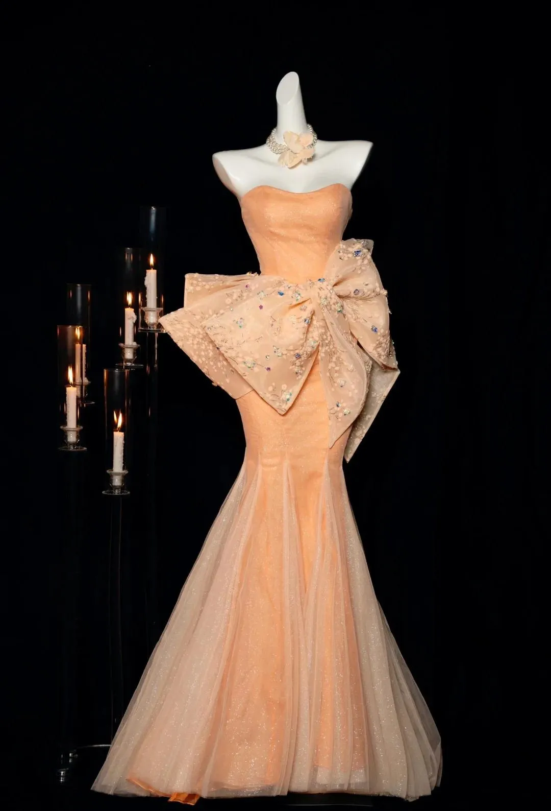 Gorgeous Orange Strapless Mermaid Tulle Prom Dresses Glam Bow Evening Gowns HZ1108