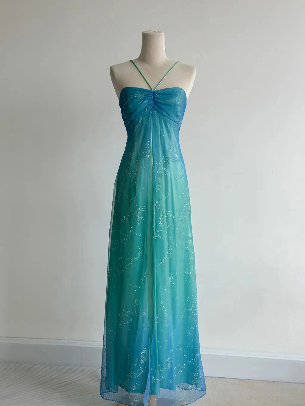 Gorgeous Gradient Turquoise Satin Chiffon Sheath Prom Dresses Vintage Formal Evening Gowns HZ1108