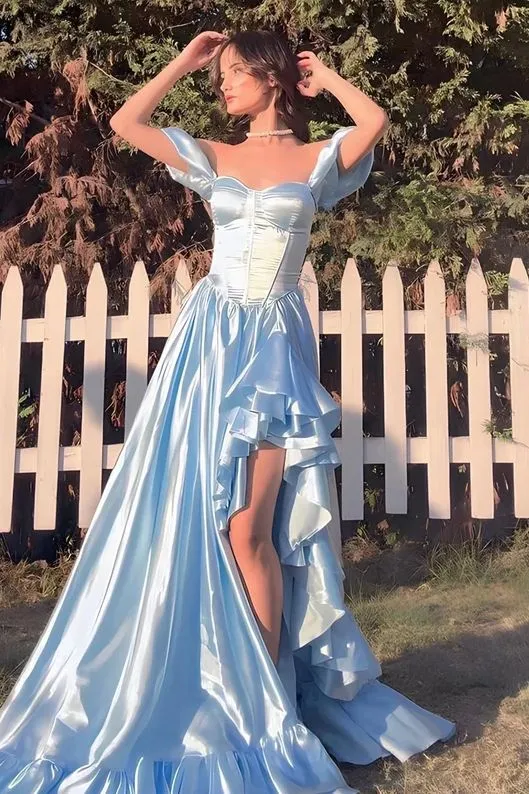 Stunning Sky Blue Sweetheart Neck A-Line Satin Prom Dresses Formal Evening Gowns with Slits HZ1108