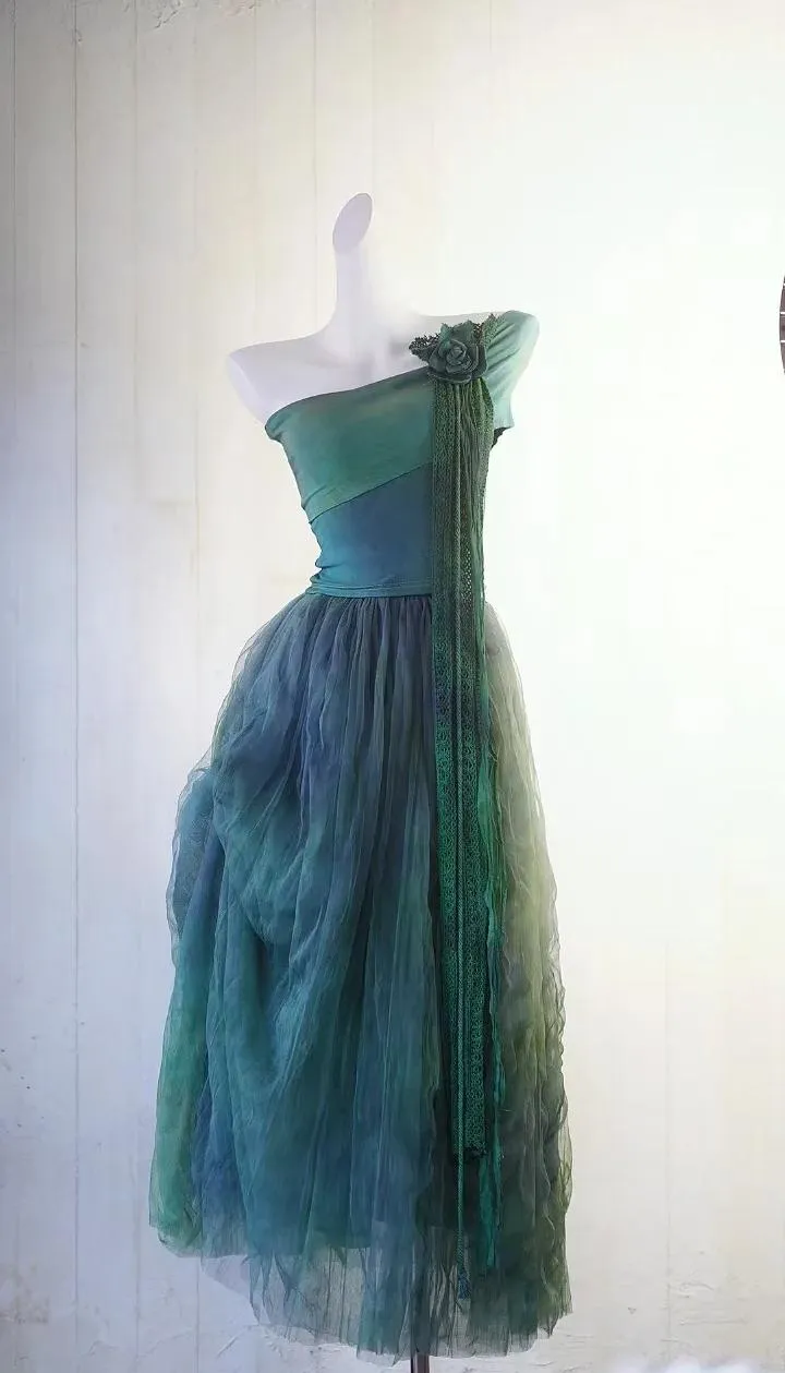 Fairytale Forest Green One Shoulder A-Line Chiffon Party Dress HZ1108