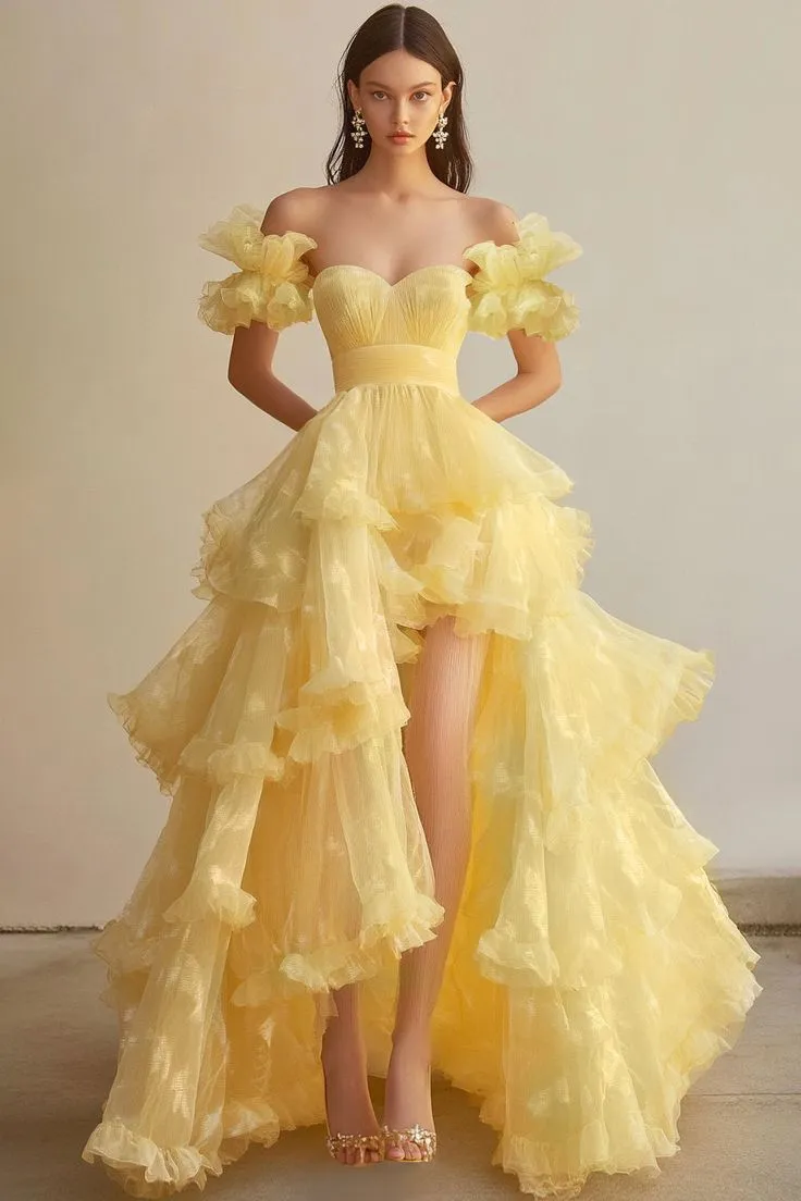 Gorgeous Butter Yellow Sweetheart Neck A-Line Tulle Long Prom Dresses Formal Evening Gowns HZ1108