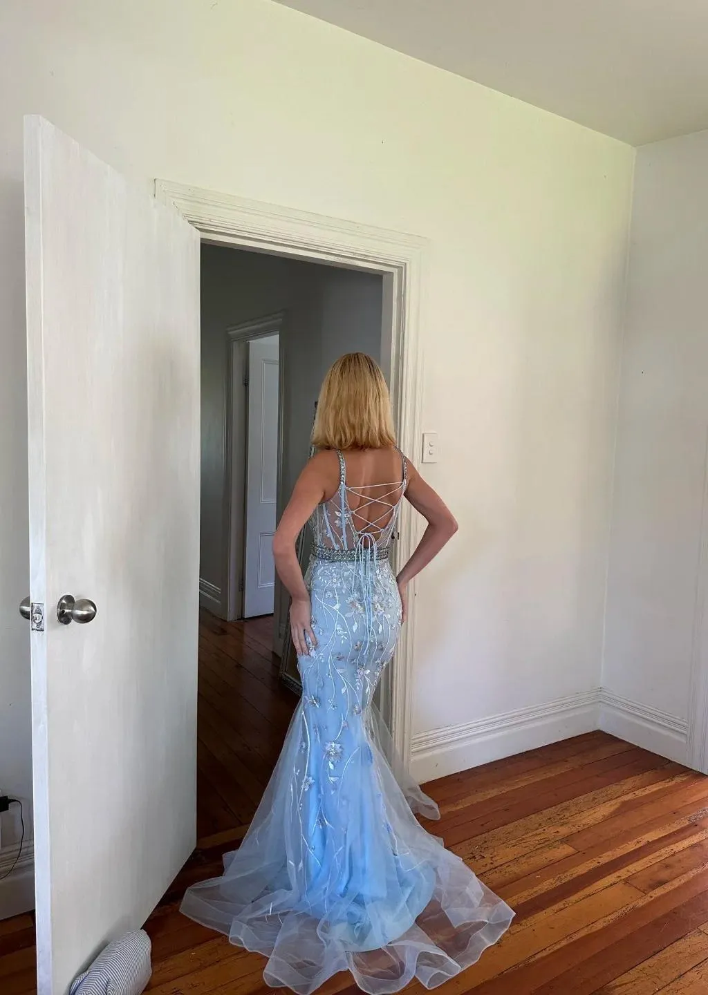 Elegant Gray Blue Spaghetti Straps Mermaid Tulle Long Prom Dresses Backless Applique Evening Gowns HZ1108