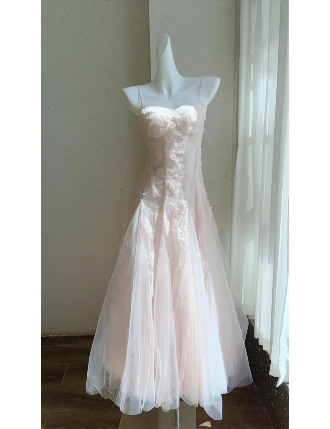 Cute Pink Spaghetti Straps A-Line Tulle Long Prom Dresses Birthday Evening Dress Gowns HZ1108