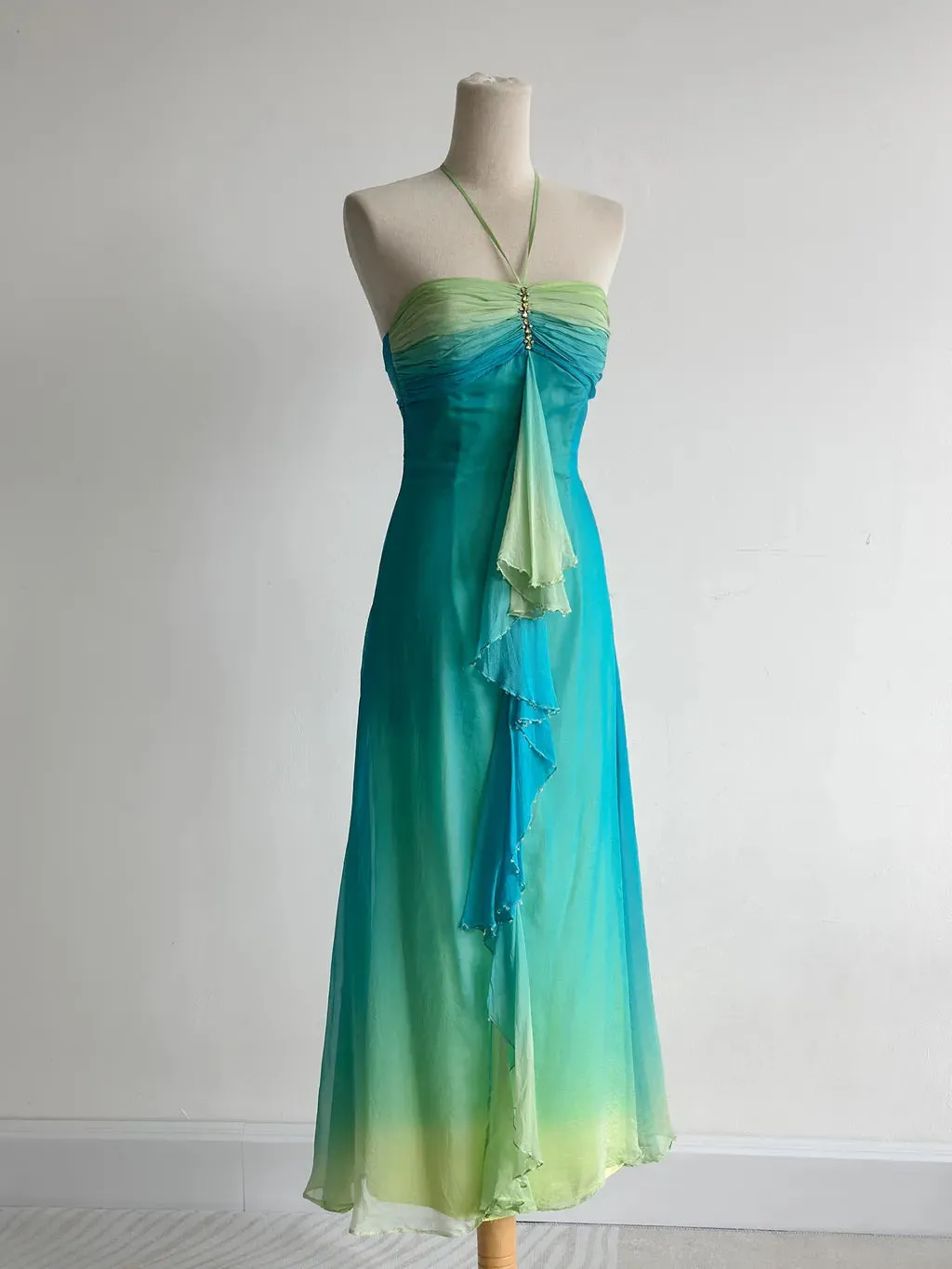 Gorgeous Gradient Turquoise Halter Neck Chiffon Sheath Prom Dresses Vintage Party Dress HZ1108