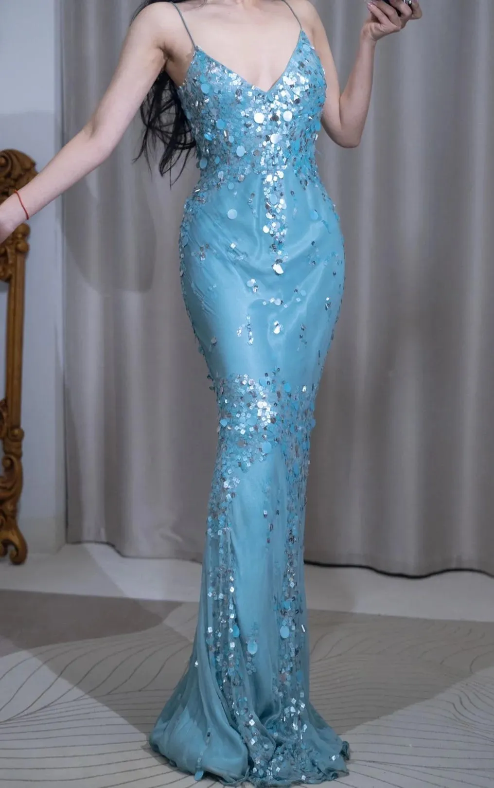 Elegant Blue Mermaid V Neck Satin Sequin Long Prom Dresses Formal Evening Gowns HZ1108