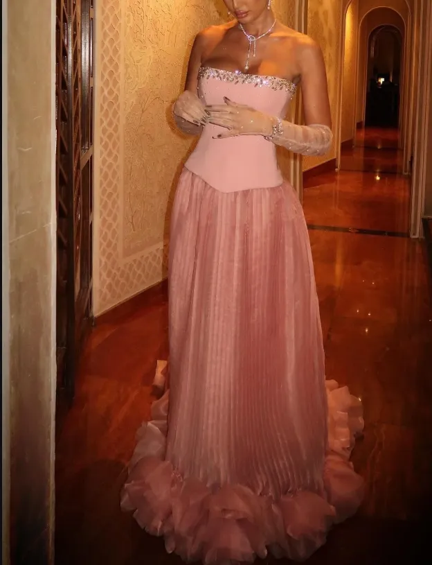 Elegant Pink Strapless A-Line Tulle Long Prom Dresses Formal Evening Gowns HZ1108