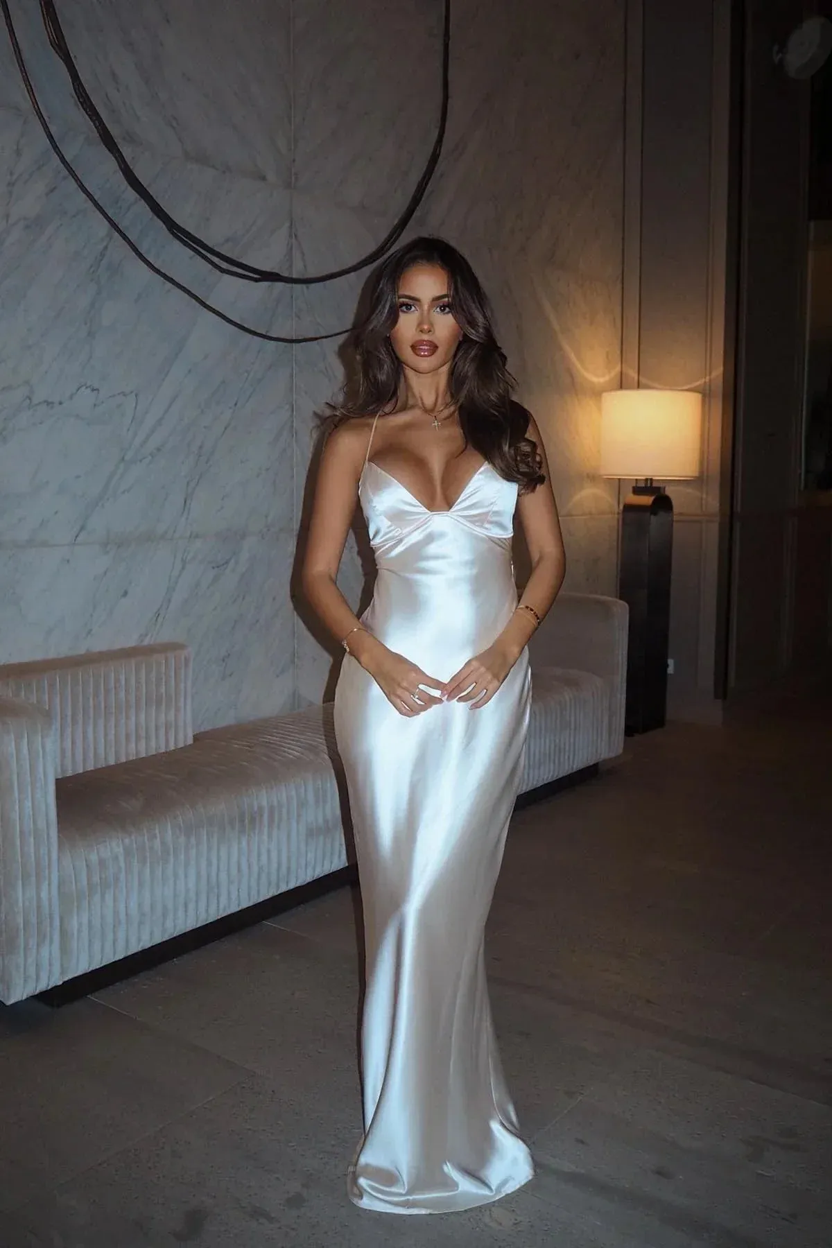 Simple White Deep V Neck Bodycon Satin Party Dress Fashion Formal Evening Gowns HZ1108 - Image 2
