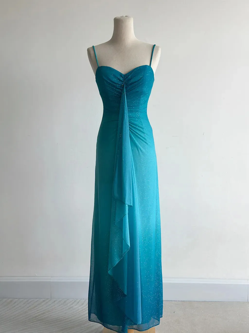 Glitter Gradient Blue Spaghetti Straps Sheath Chiffon Prom Dresses Evening Dress Gowns HZ1108
