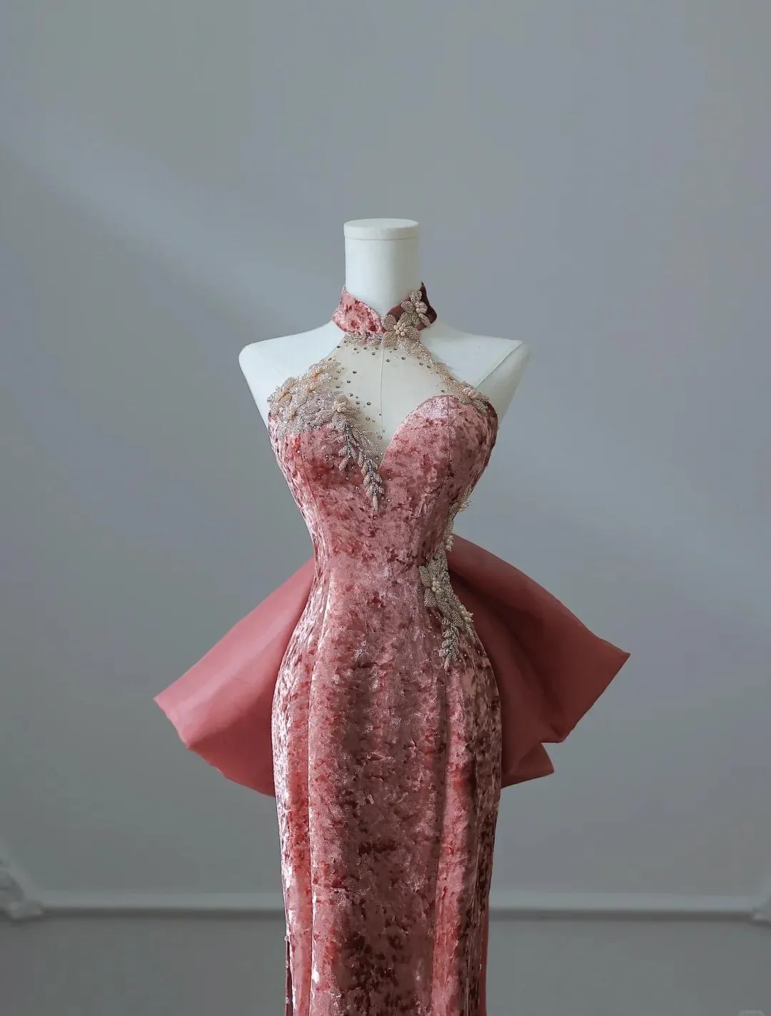 Elegant Dark Peach Mandarin Collar Sheath Printed Velvet Long Prom Dresses Formal Evening Gowns HZ1108 - Image 4