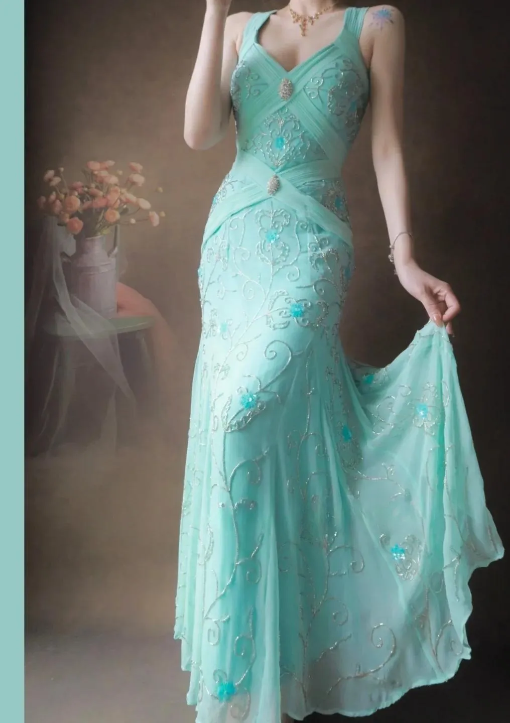 Gorgeous Tiffany Blue V-neck Mermaid Chiffon Beaded Long Prom Dresses Backless Formal Evening Gowns HZ1108 - Image 2