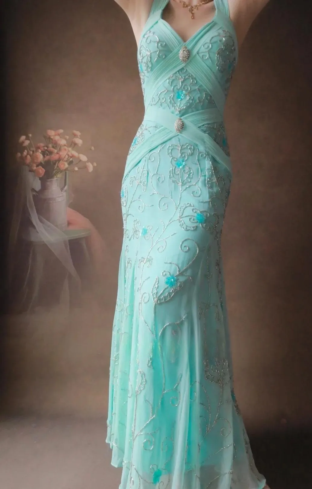 Gorgeous Tiffany Blue V-neck Mermaid Chiffon Beaded Long Prom Dresses Backless Formal Evening Gowns HZ1108