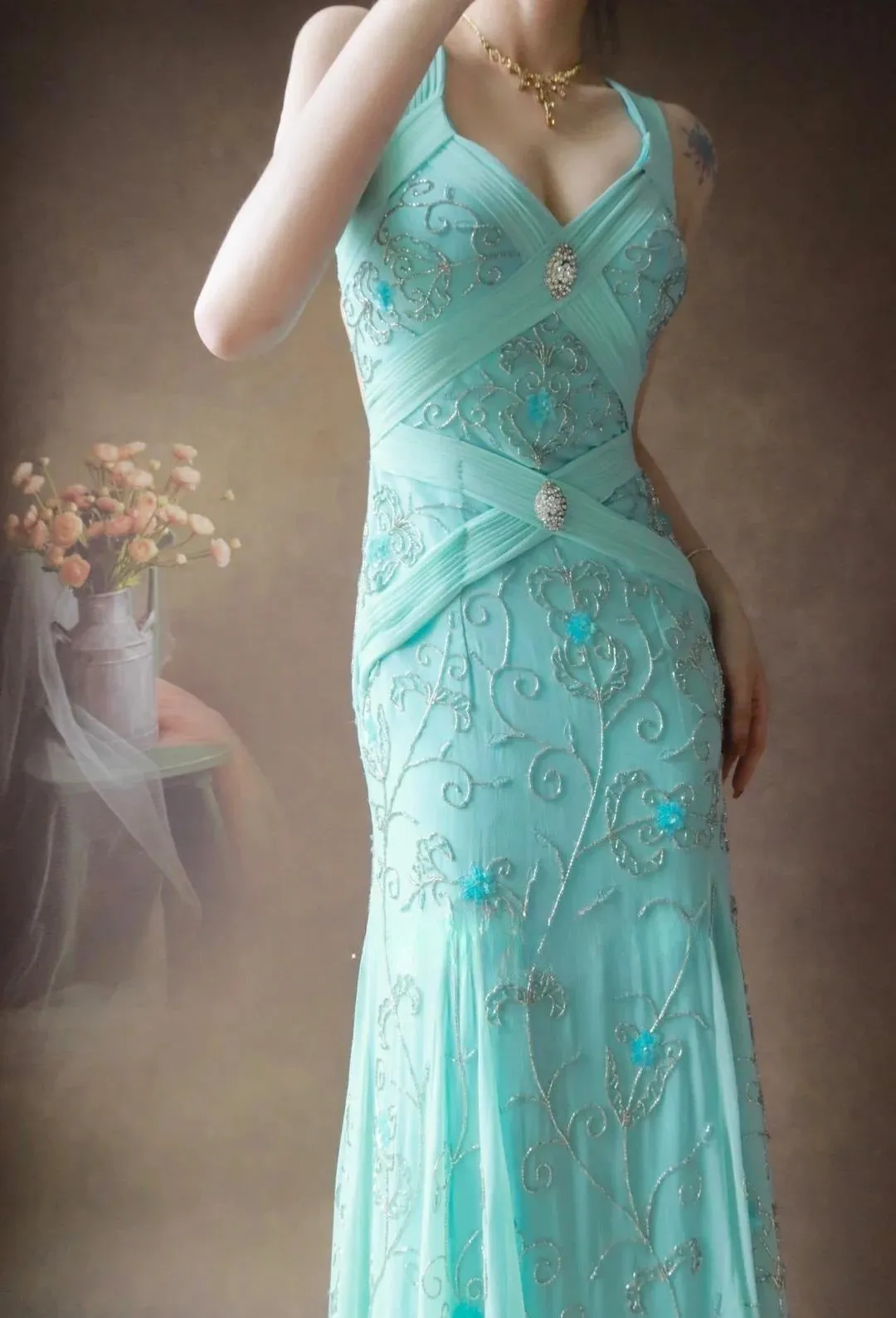 Gorgeous Tiffany Blue V-neck Mermaid Chiffon Beaded Long Prom Dresses Backless Formal Evening Gowns HZ1108 - Image 4