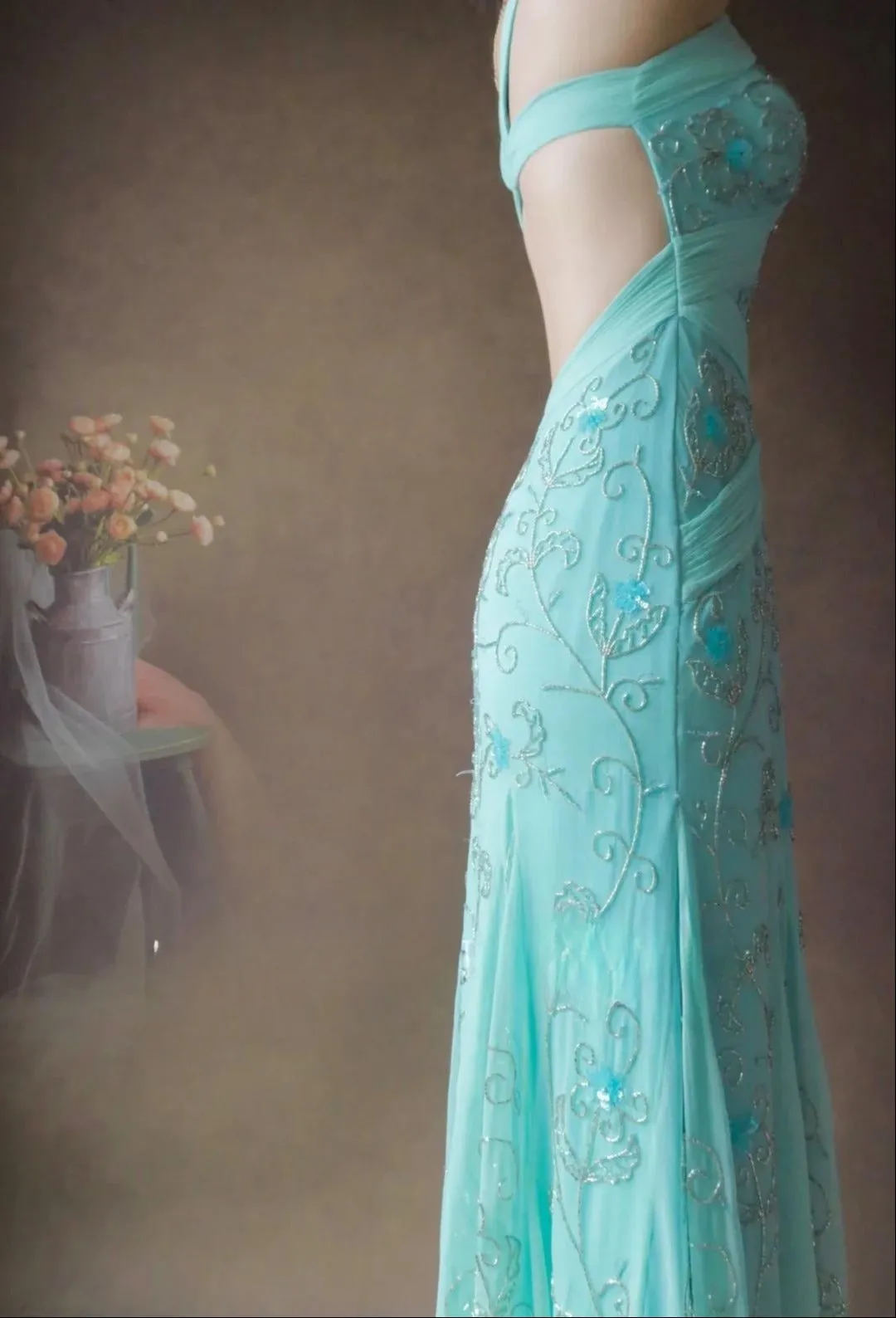 Gorgeous Tiffany Blue V-neck Mermaid Chiffon Beaded Long Prom Dresses Backless Formal Evening Gowns HZ1108 - Image 3
