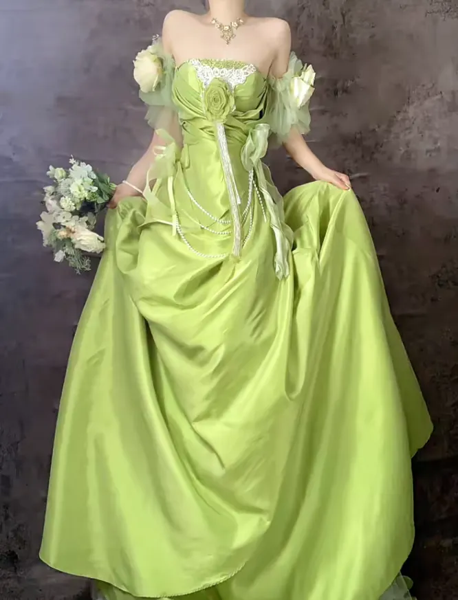 Sweet Green Off Shoulder A-Line Satin Long Prom Dresses Formal Evening Gowns HZ1108