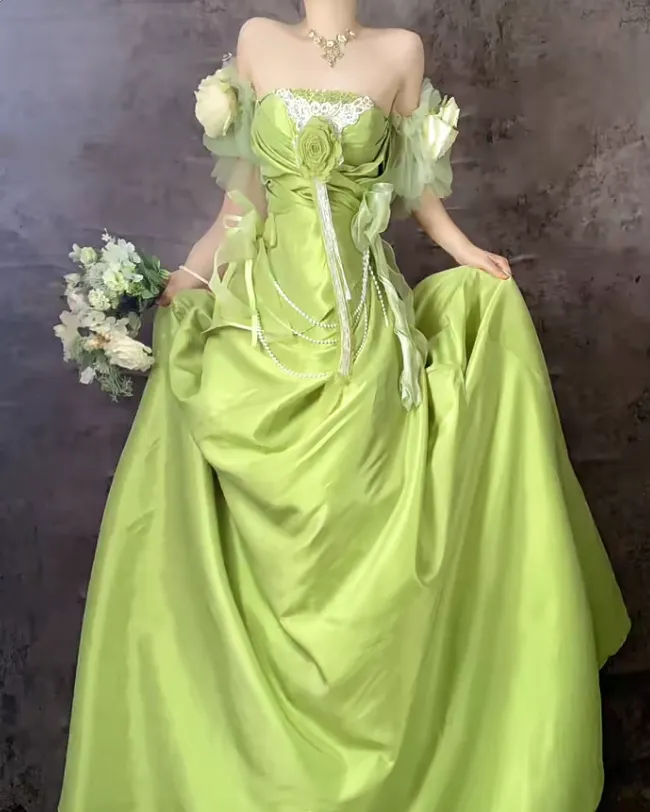 Sweet Green Off Shoulder A-Line Satin Long Prom Dresses Formal Evening Gowns HZ1108 - Image 3