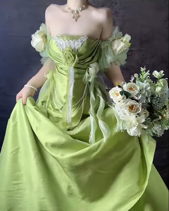 Sweet Green Off Shoulder A-Line Satin Long Prom Dresses Formal Evening Gowns HZ1108 - Image 4
