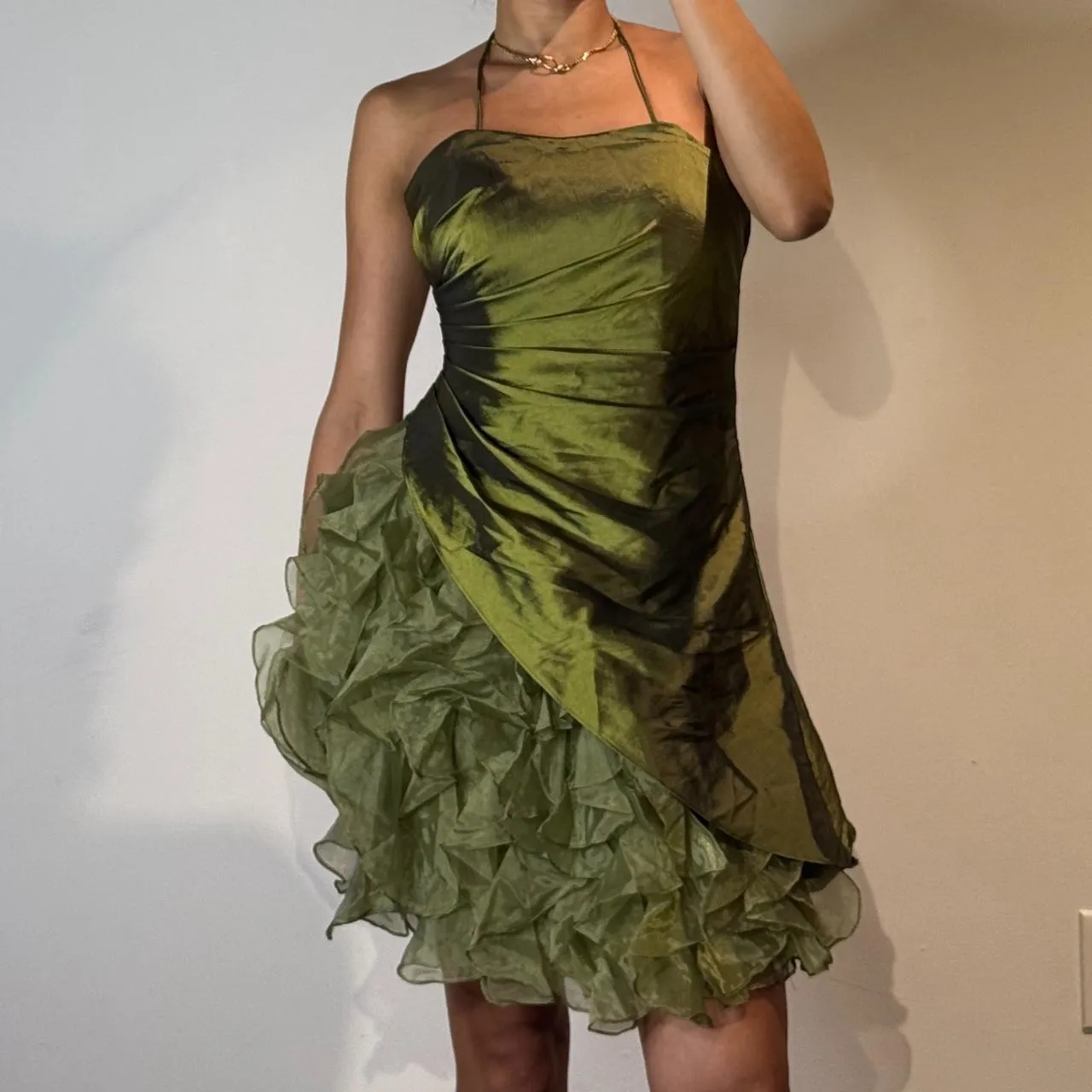 Fashionable Dark Green Spaghetti Strap A-Line Satin Tulle Short Prom Dresses Homecoming Dresses HZ1108