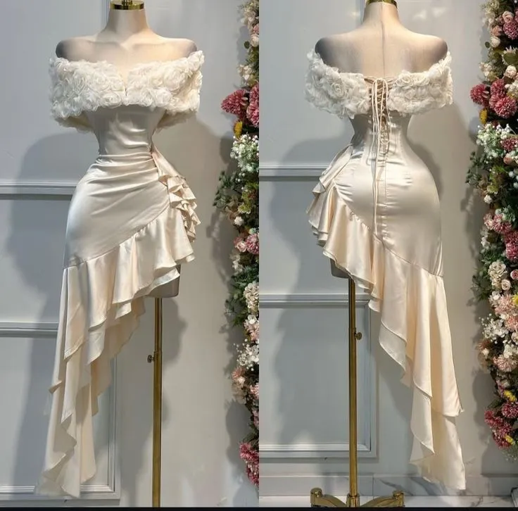 Sexy Light Champagne Off-the-shoulder Bodycon Satin Ruffle Short Prom Dresses Homecoming Dresses HZ1108