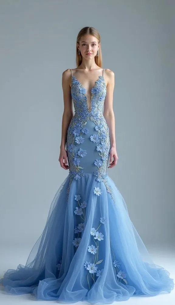 Elegant Blue Deep V Neck Tulle Mermaid Applique Long Prom Dresses Formal Evening Dress HZ1108 - Image 2