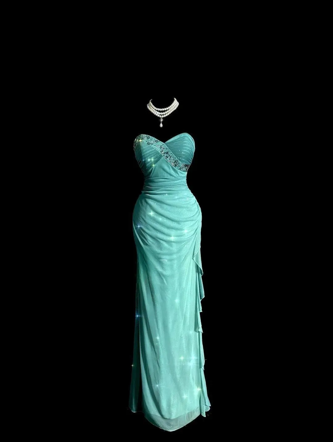Tiffany Blue Glitter Chiffon Sweetheart Sheath Prom Dresses Formal Evening Gowns with Ruffles HZ1108