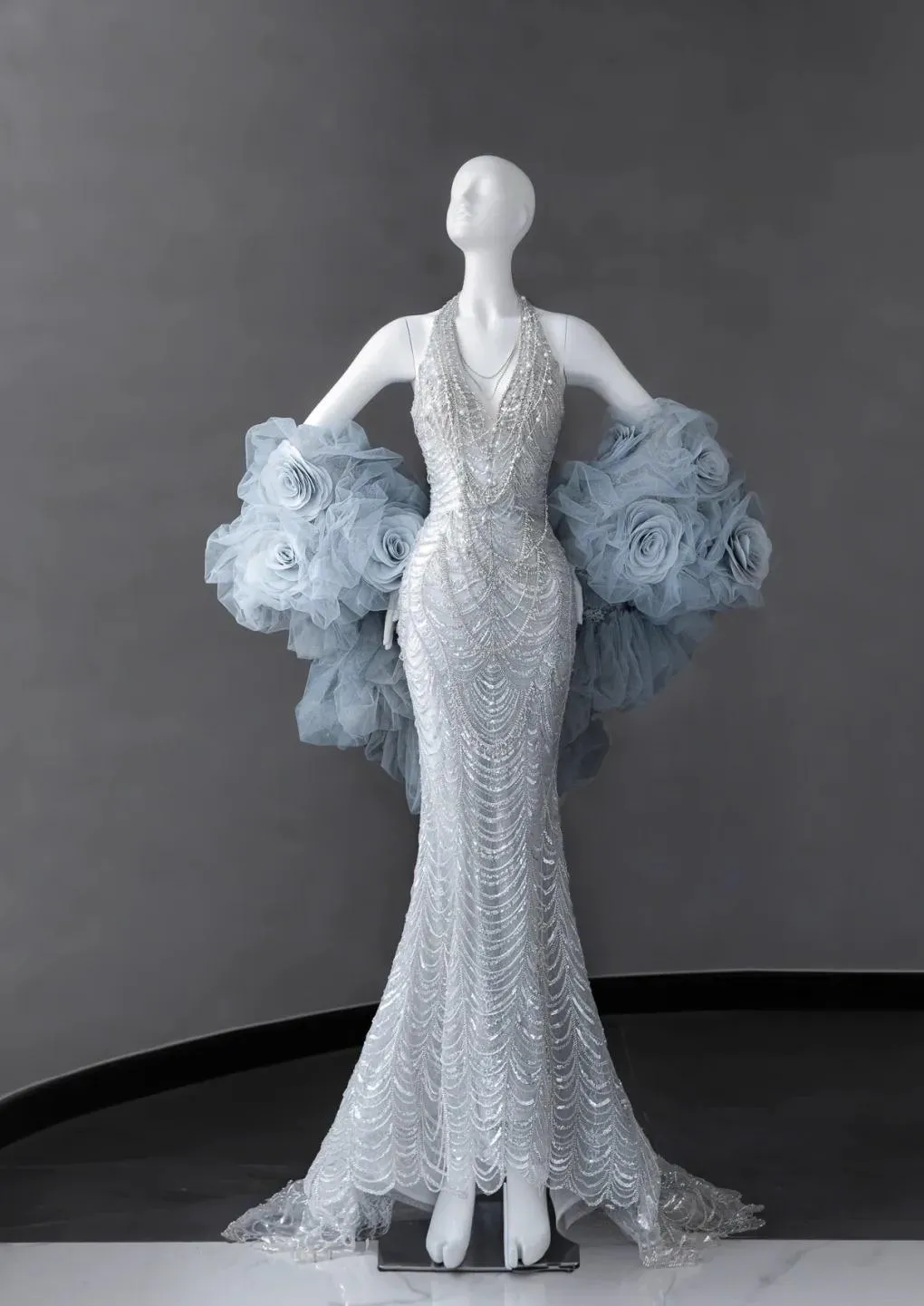 Gorgeous Silver V-neck Mermaid Beaded Sequin Long Prom Dresses Train Wedding Dress HZ1108