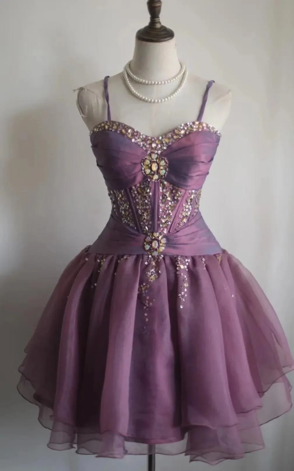 Sweet Spaghetti Straps Purple A-Line Tulle Short Prom Dresses Homecoming Dresses with Rhinestones HZ1108