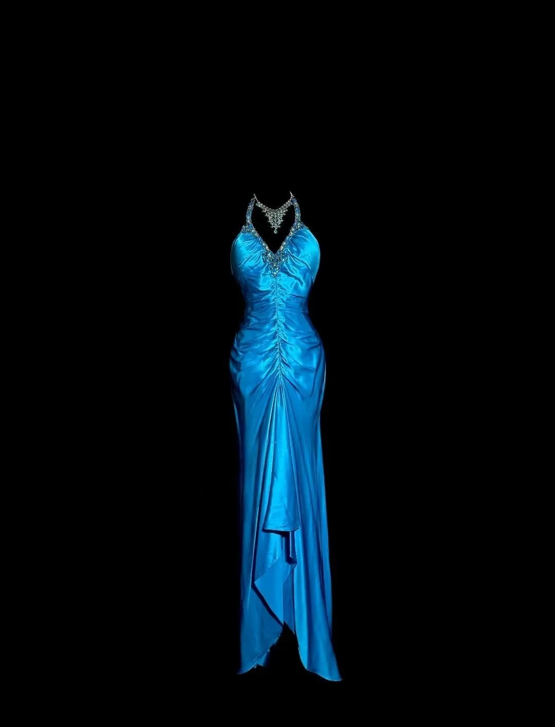 Elegant Blue V-neck Mermaid Beaded Satin Long Prom Dresses Backless Evening Gowns HZ1108