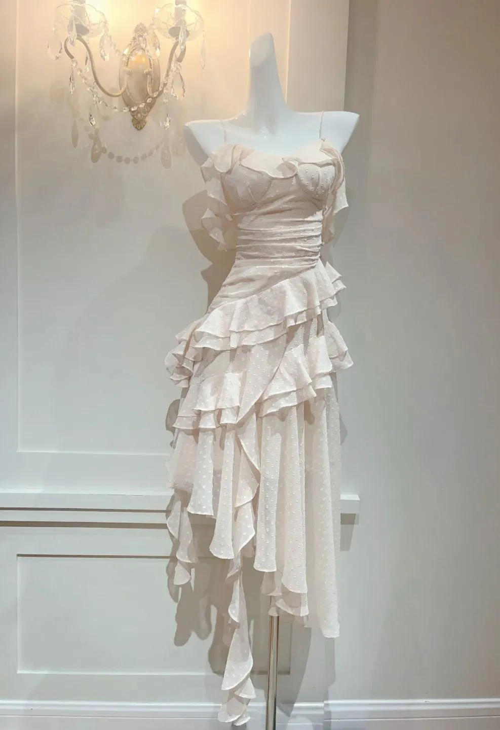 Glam Light Apricot Spaghetti Straps Chiffon Polka Dots Ruffles A-line Party Dress HZ1108