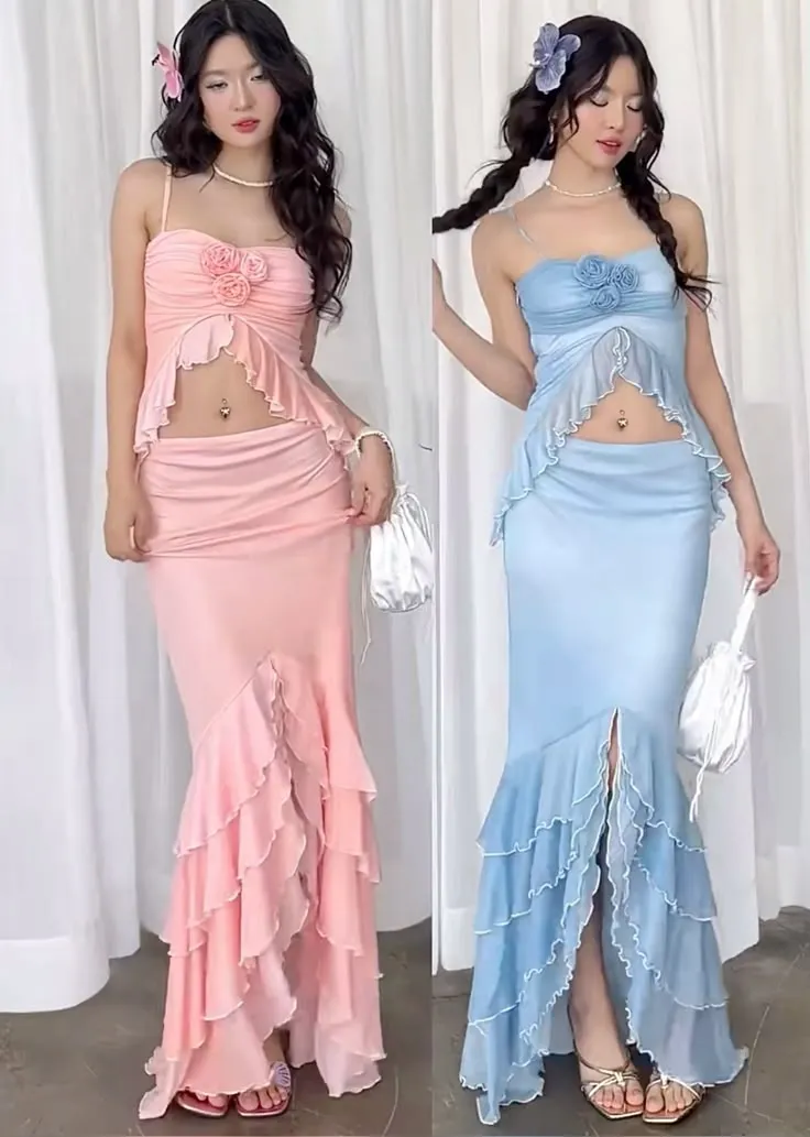 Fashion Pink Spaghetti Strap Mermaid Chiffon Party Dress with Ruffles HZ1108 - Image 2