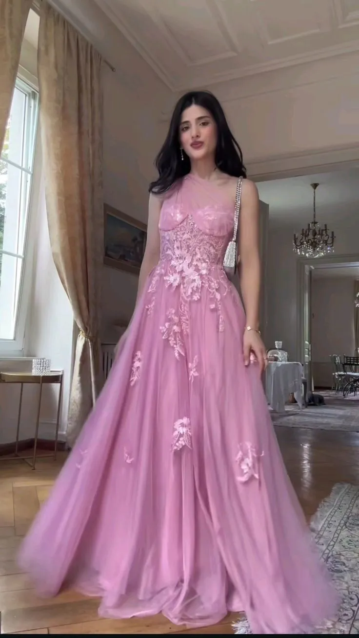 Elegant Pink One Shoulder A-Line Tulle Applique Long Prom Dresses Formal Evening Gowns HZ1108