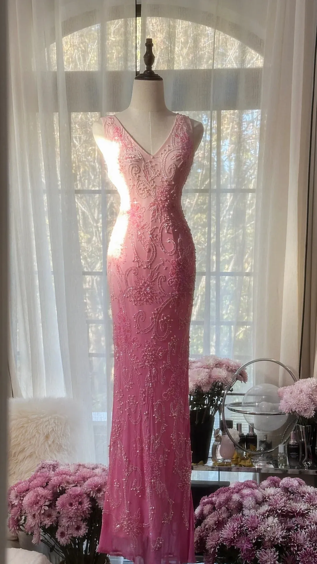 Gorgeous Gradient Pink Mermaid V Neck Chiffon Beading Long Prom Dresses Vintage Formal Evening Gowns HZ1108