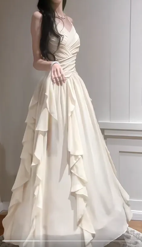 Elegant Apricot Spaghetti Straps A-Line Chiffon Long Prom Dresses Birthday Evening Gowns HZ1108 - Image 4