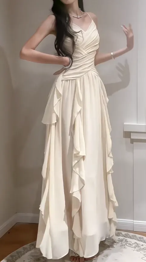 Elegant Apricot Spaghetti Straps A-Line Chiffon Long Prom Dresses Birthday Evening Gowns HZ1108