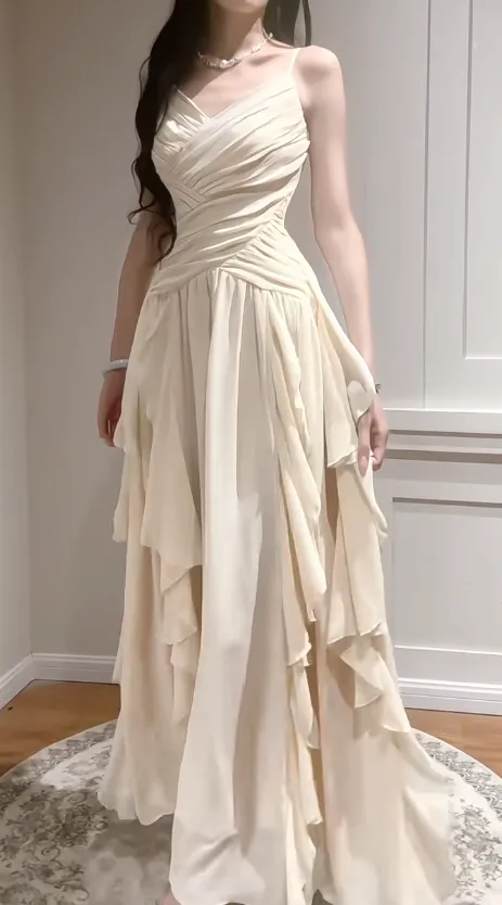 Elegant Apricot Spaghetti Straps A-Line Chiffon Long Prom Dresses Birthday Evening Gowns HZ1108 - Image 3