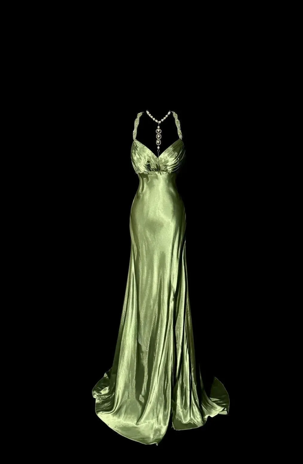 Elegant Green V-neck Satin Mermaid Long Prom Dresses Vintage Beaded Evening Dress HZ1108
