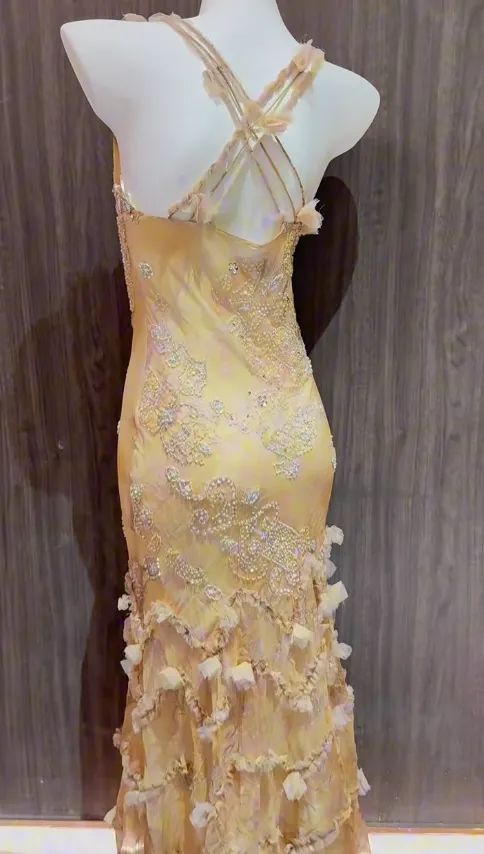 Glam Yellow Straps Mermaid Chiffon Beading Long Prom Dresses Vintage Evening Gowns HZ1108 - Image 2