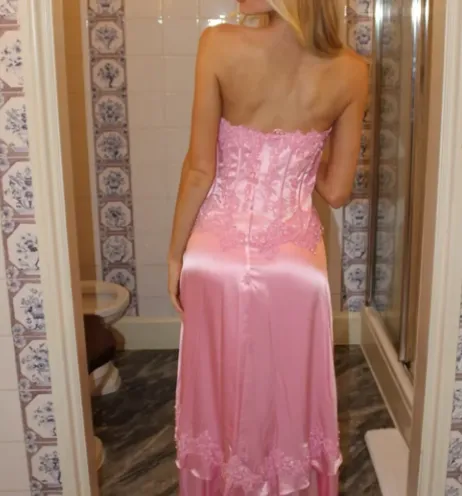 Sweet Pink Strapless Sheath Satin Lace Applique Prom Dresses Fashion Bridesmaid Dresses HZ1108 - Image 4