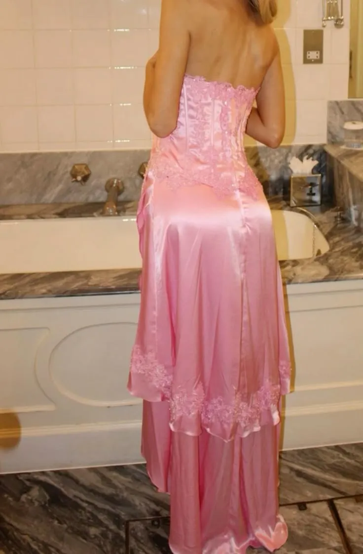 Sweet Pink Strapless Sheath Satin Lace Applique Prom Dresses Fashion Bridesmaid Dresses HZ1108 - Image 2