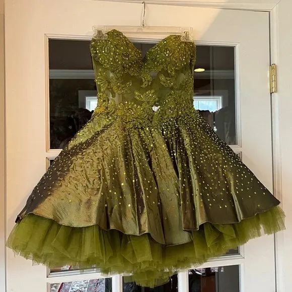 Gorgeous Dark Olive Green Sweetheart Neck A-Line Satin Tulle Short Prom Dresses Homecoming Dresses HZ1108