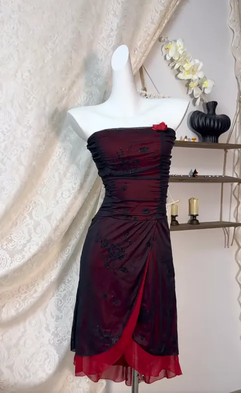 Elegant Black Chiffon Strapless Bodycon Short Prom Dress Homecoming Dress HZ1108