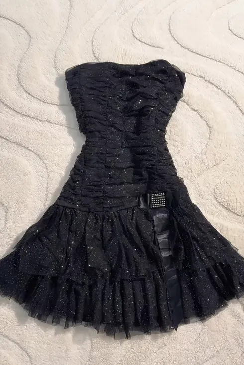 Y2K Black Strapless A-Line Glitter Tulle Short Prom Dress Homecoming Dresses HZ1108