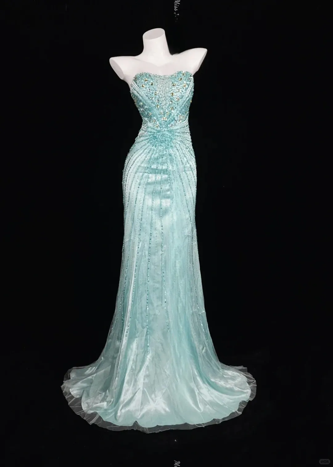 Gorgeous Tiffany Blue Strapless Mermaid Satin Beaded Long Prom Dress Formal Evening Gowns HZ1108