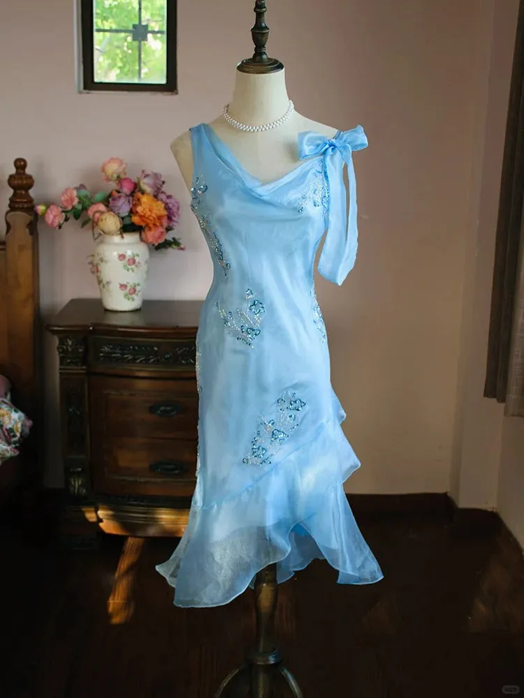 Elegant Blue Asymmetric Neck Bodycon Chiffon Beading Short Prom Dress Evening Gowns HZ1108