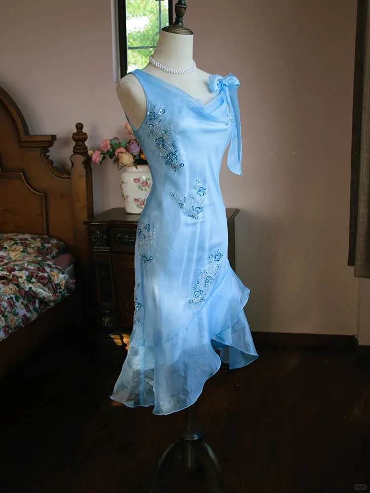 Elegant Blue Asymmetric Neck Bodycon Chiffon Beading Short Prom Dress Evening Gowns HZ1108 - Image 4