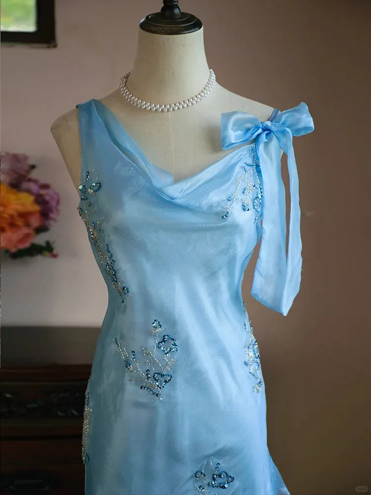 Elegant Blue Asymmetric Neck Bodycon Chiffon Beading Short Prom Dress Evening Gowns HZ1108 - Image 2