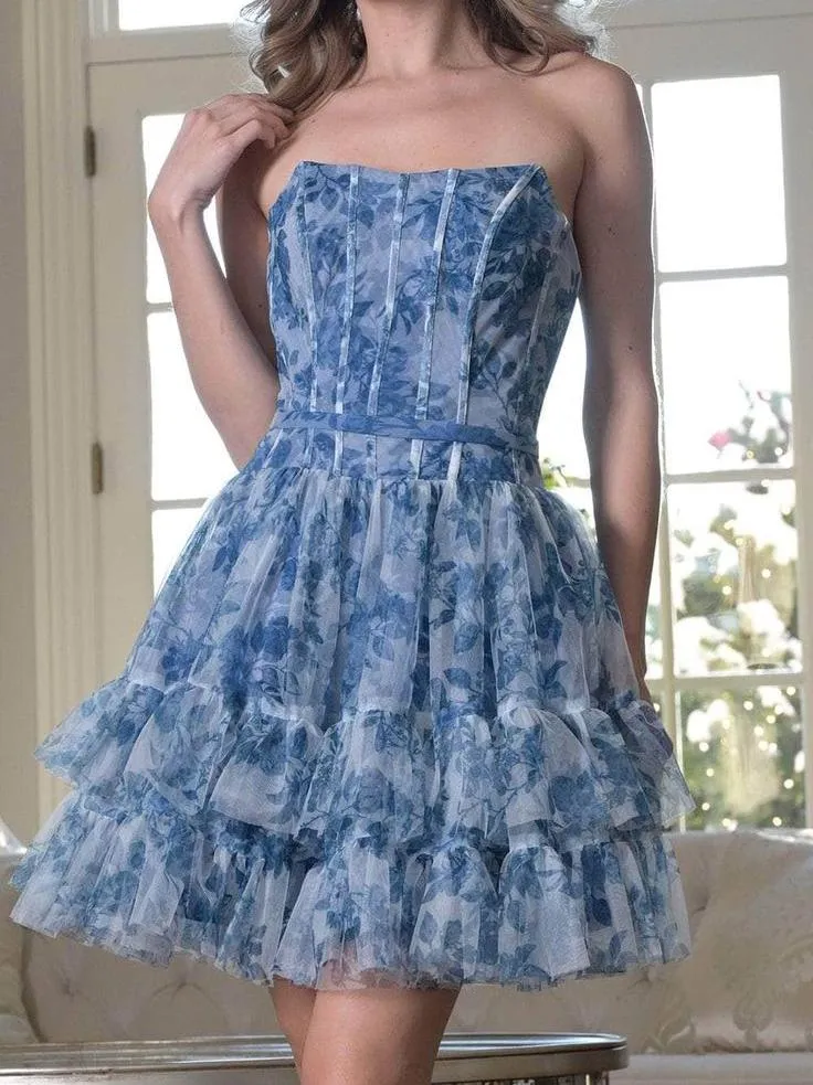 Sweet Blue Strapless A-Line Printed Tulle Short Prom Dresses Homecoming Dress HZ1108