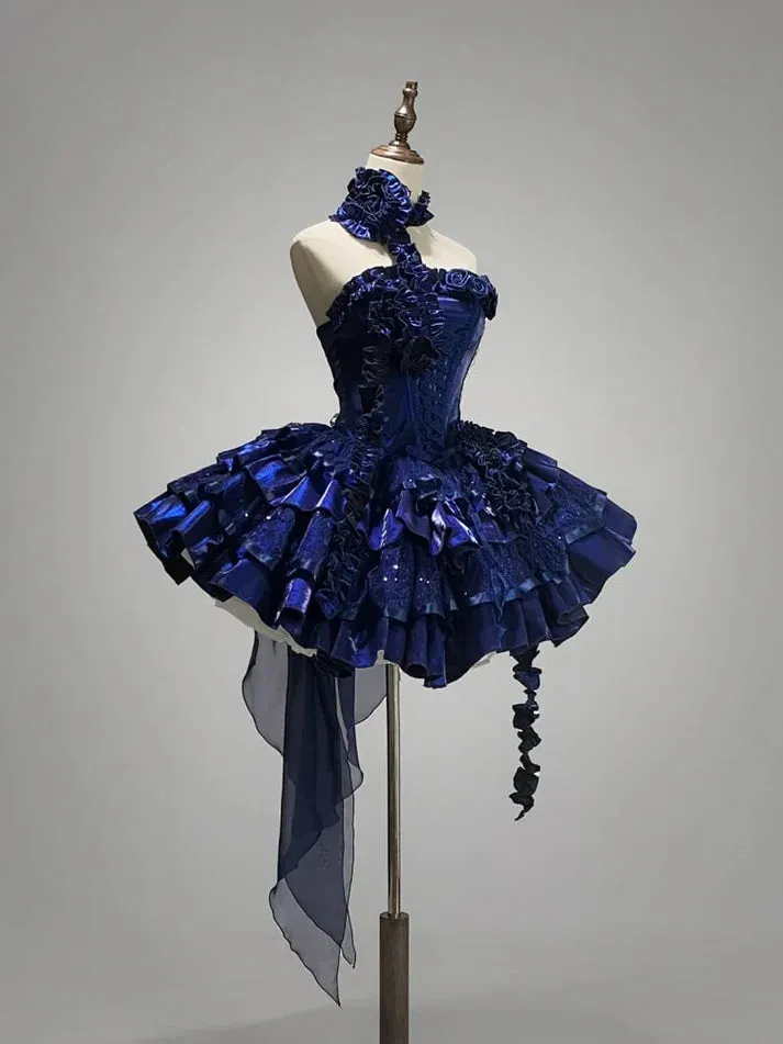 Stunning Deep Royal Blue Strapless A-Line Lolita Prom Dresses Homecoming Dress HZ1108