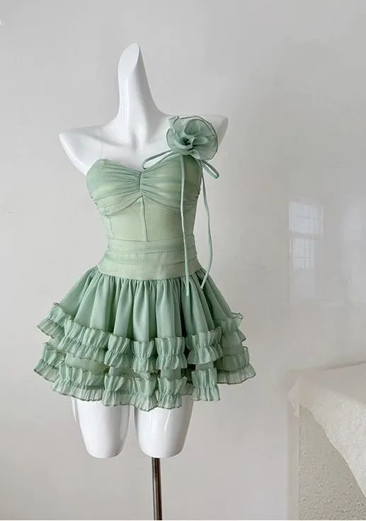 Sweet Green Spaghetti Straps A-Line Tulle Short Prom Dresses Homecoming Dress HZ1108