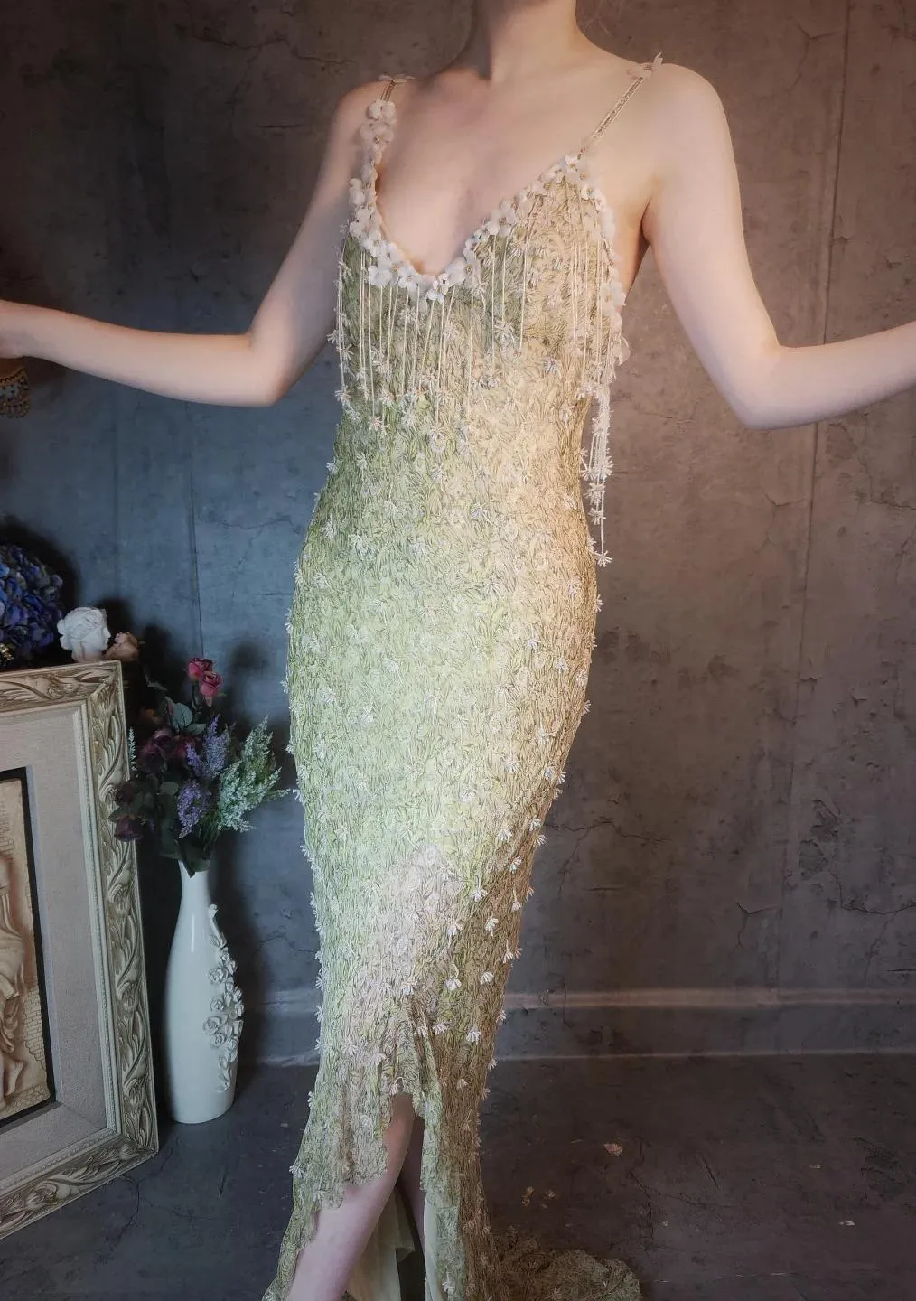 Stunning Spaghetti Straps Sheath Beaded Chiffon Long Prom Dresses Elegant Formal Evening Gowns with 3D Appliques HZ1108 - Image 2