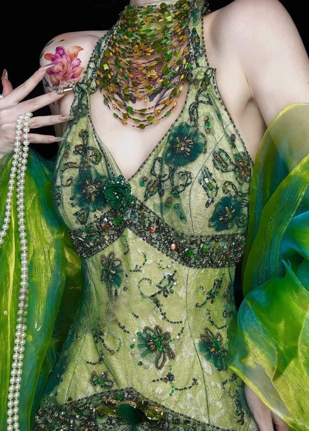 Gorgeous Green V-neck Mermaid Beaded Lace Tulle Long Prom Dresses Vintage Elegant Formal Evening Gowns HZ1108 - Image 3